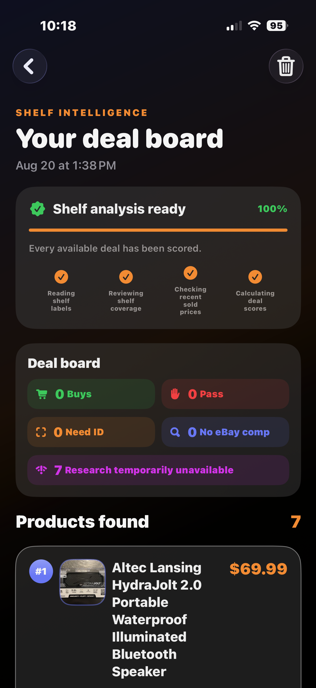 RetailArbitrage.ai showing a completed shelf analysis and deal board